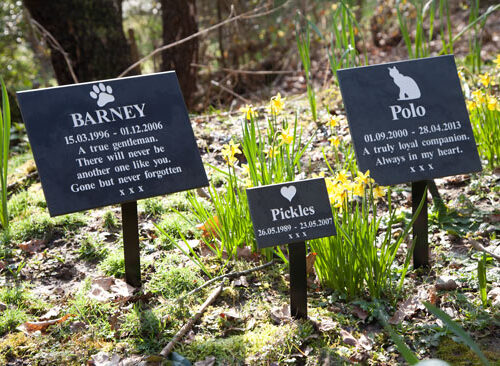 slate memorial plaques in woodlands
